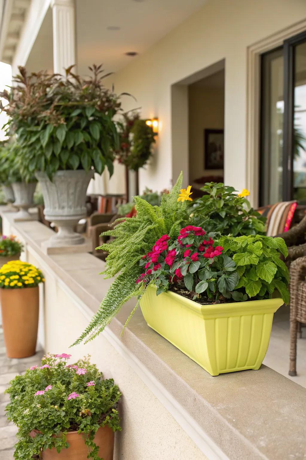 This plant ledge gains a surprising pop of color with a vibrant planter.