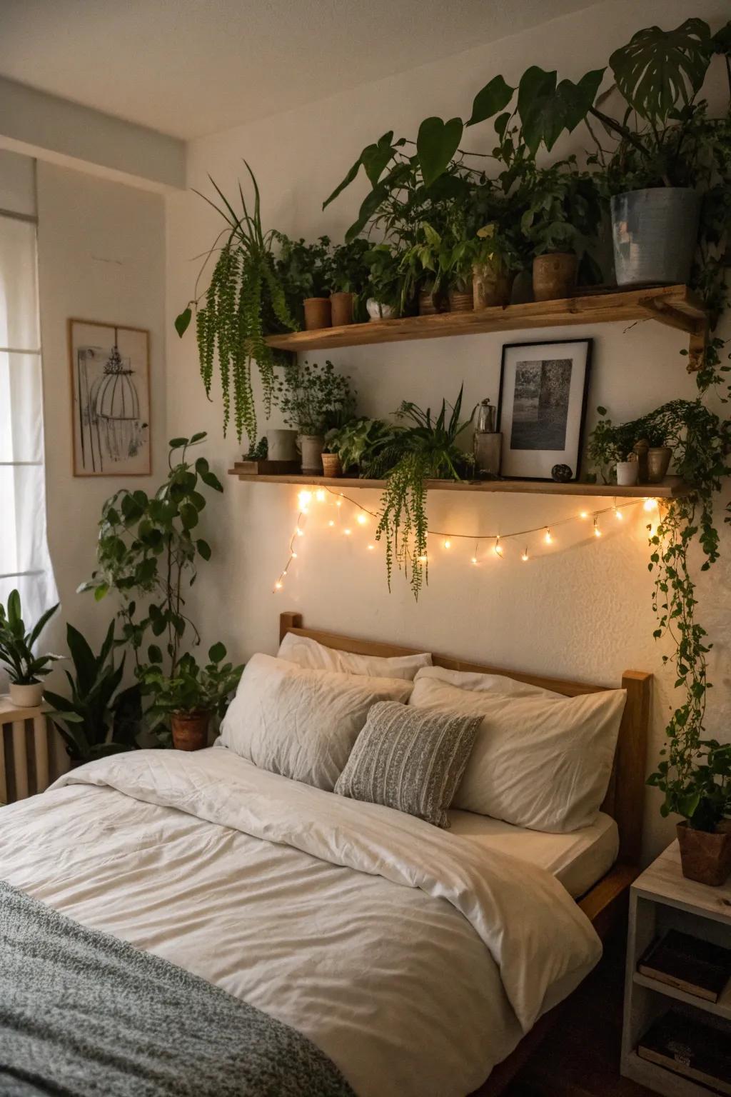 A bedroom plant display shelf bringing a hint of peace.