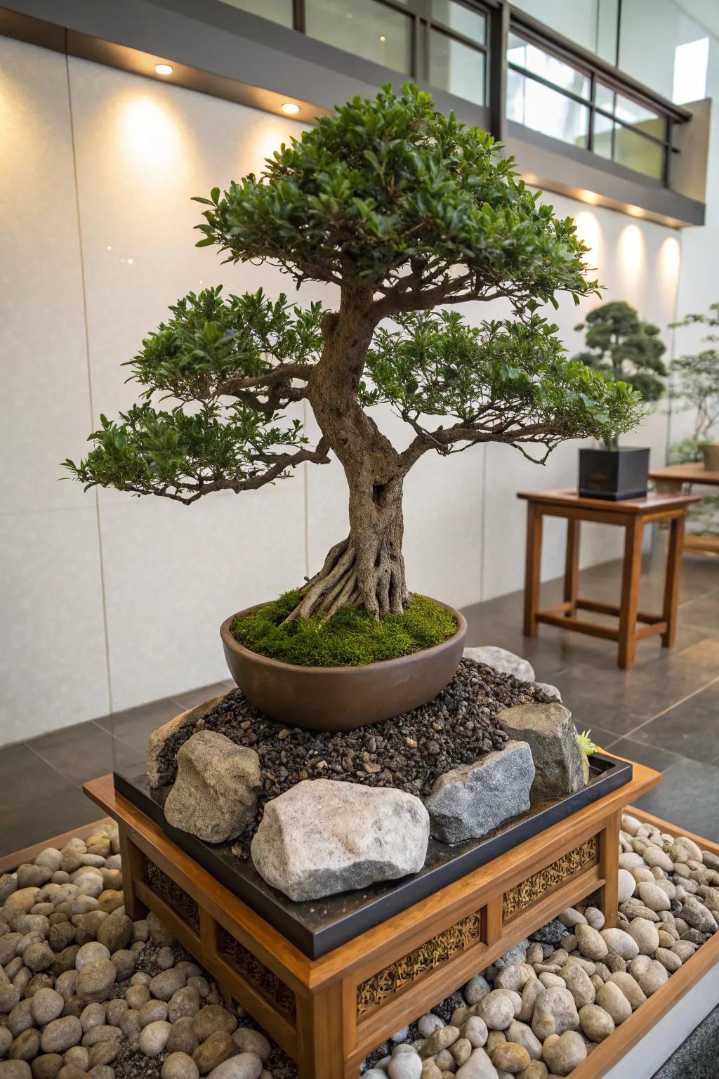A serene bonsai tree, a classic piece of living artistry for mom.