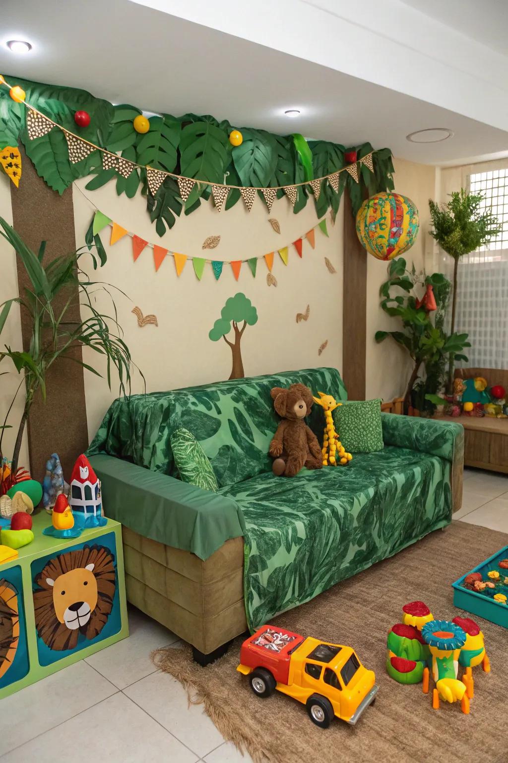 A personalized playroom featuring a woodland-themed sofa.