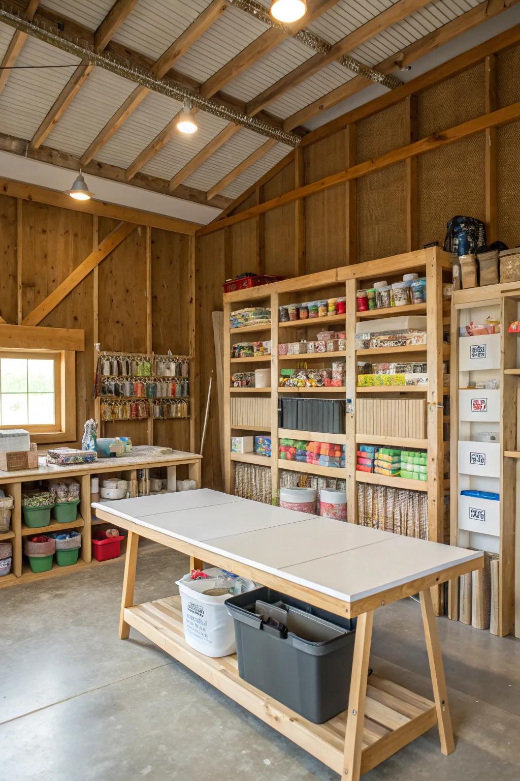 A creative space in a pole barn with ample storage and work space.