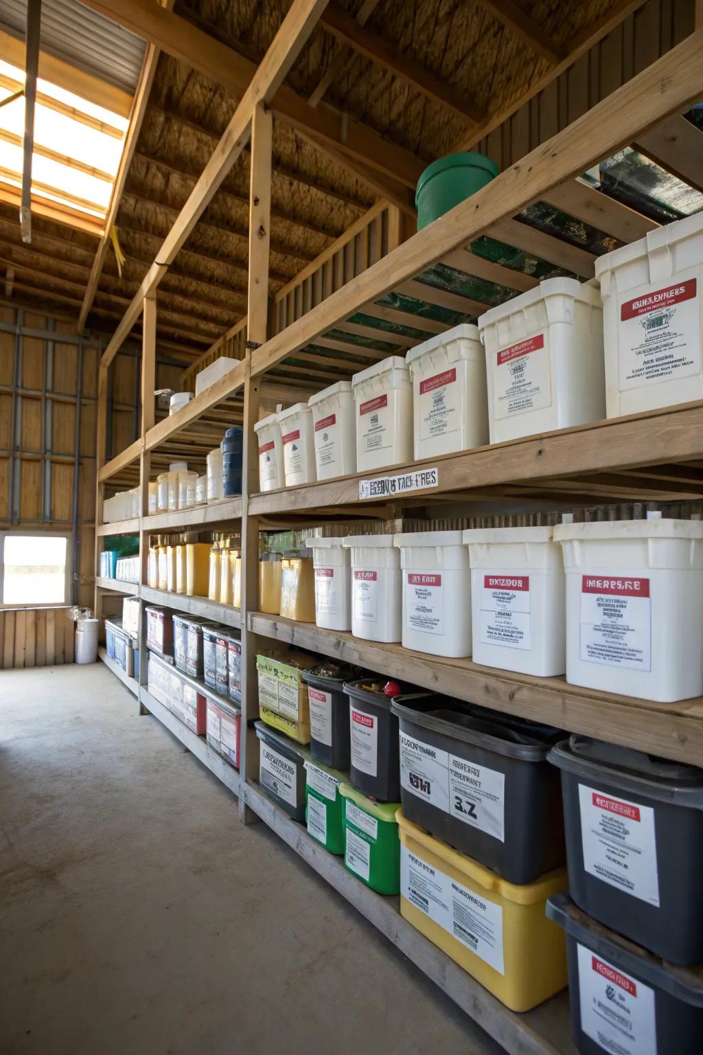 Storage containers assure secure and organized chemical storage.