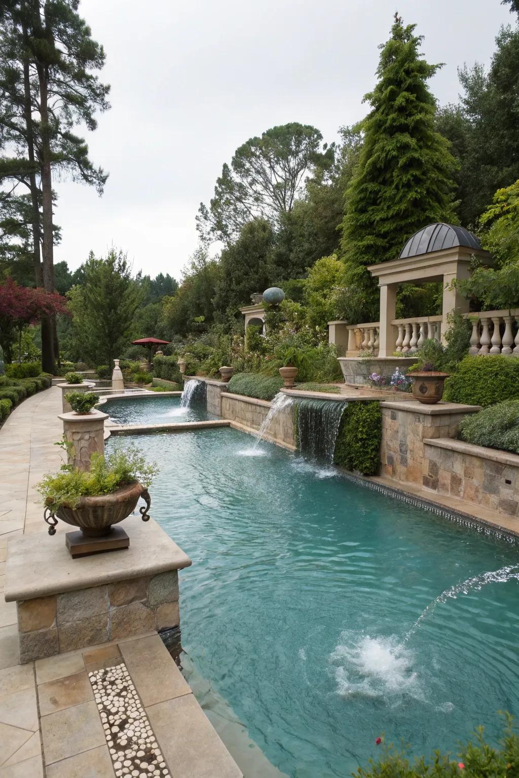 Water features add elegance and tranquility to pool zones.