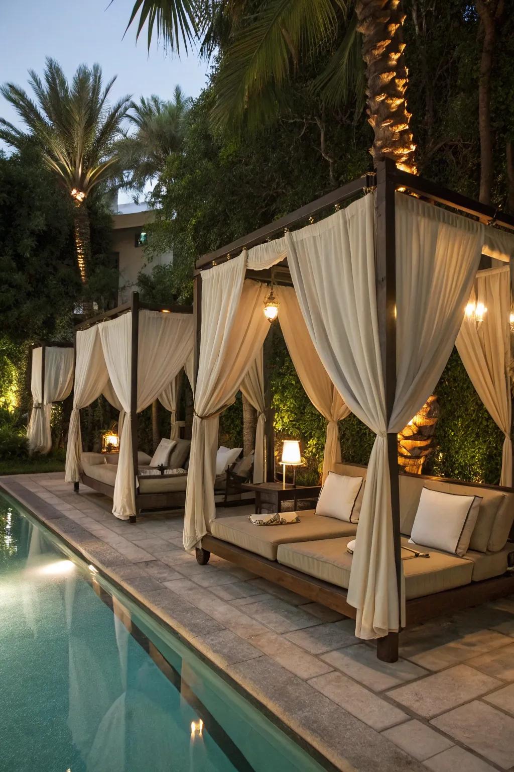 Canopies fashion intimate and secluded lounging havens.