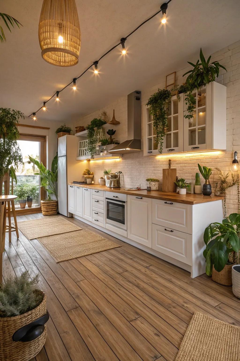 Cane flooring delivers an eco-friendly and inviting aesthetic for kitchens.