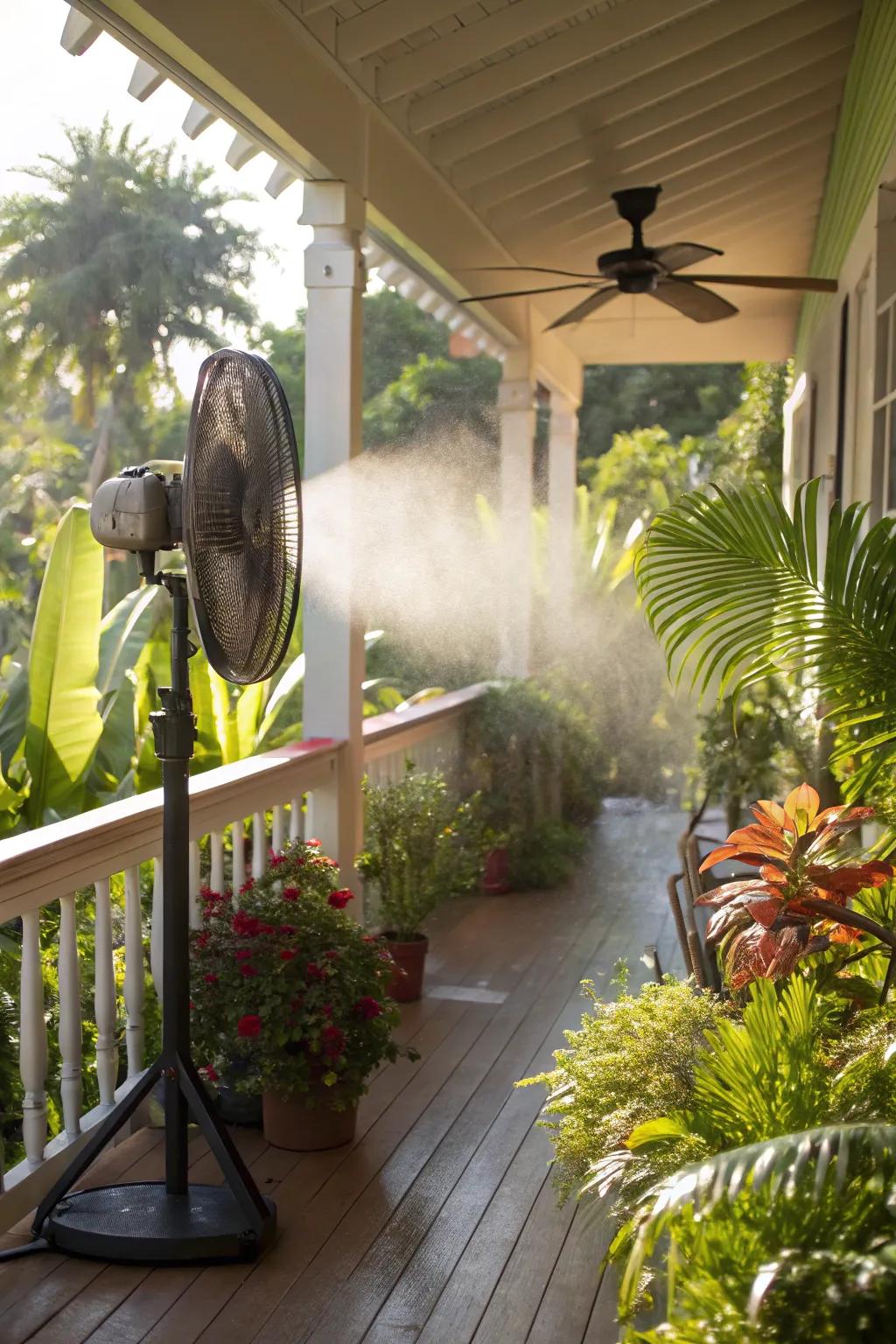 A misting fan provides a refreshing cooling mist on this sunny porch.