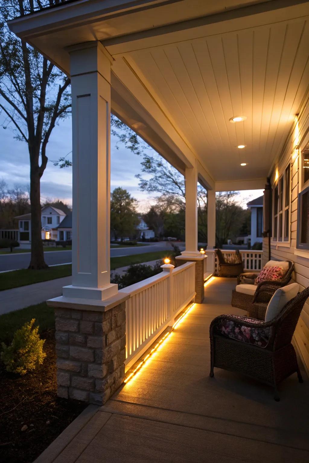 A porch knee wall brightened with ambient lighting.
