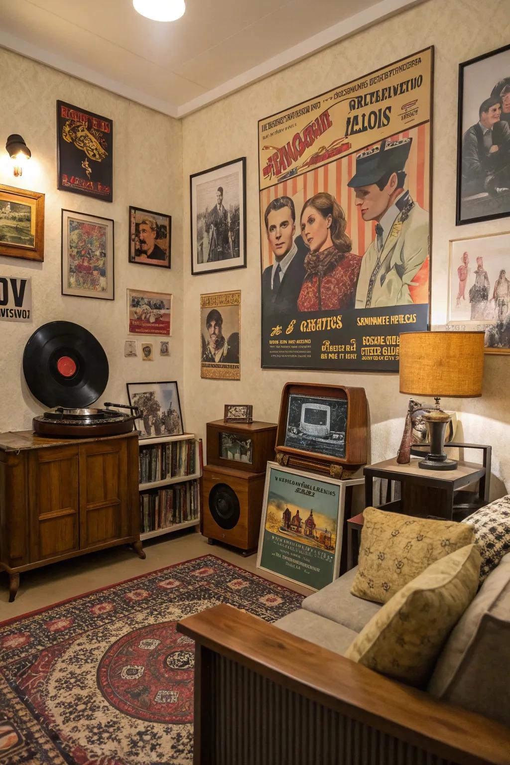 A retro-styled room that features fascinating vintage posters.