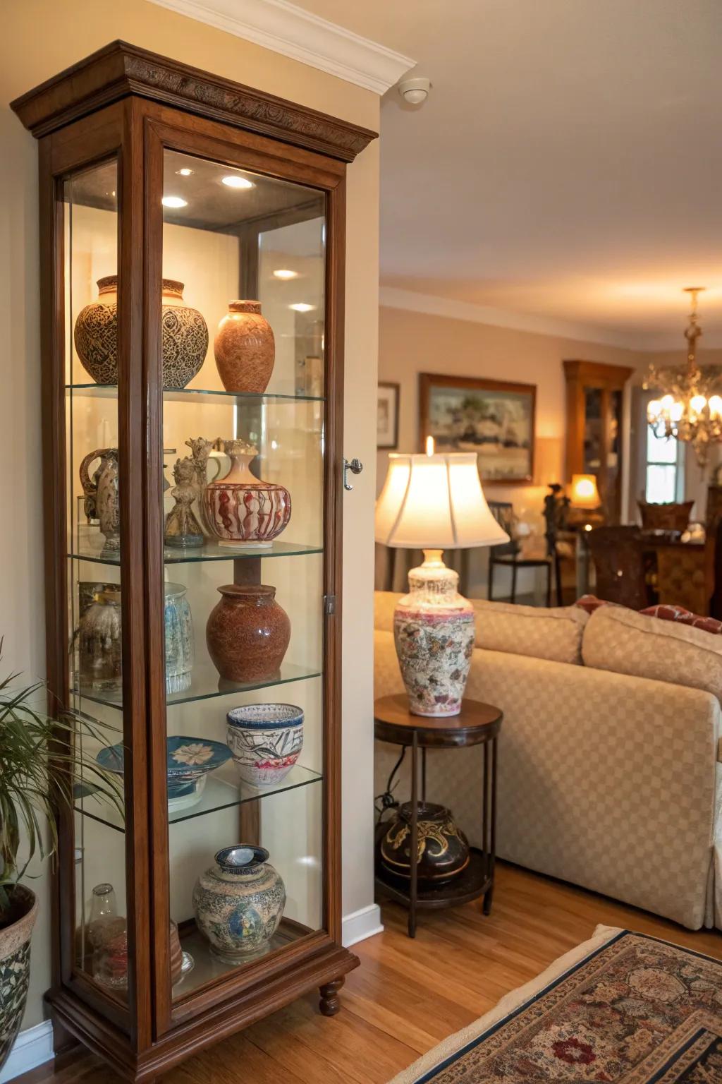 A glass cabinet displaying a pottery assemblage in the dwelling chamber.