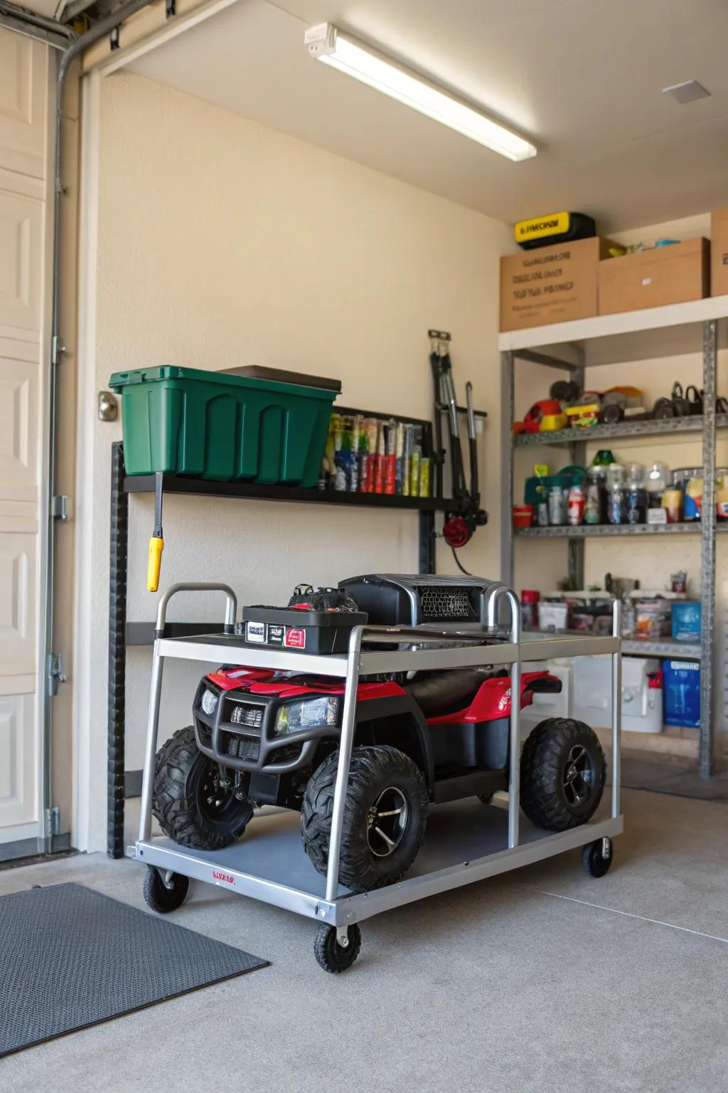 Rolling cart providing flexible storage for motorized toy vehicles.