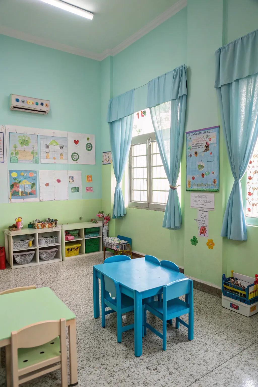 A calming environment featuring soft greens and blues.