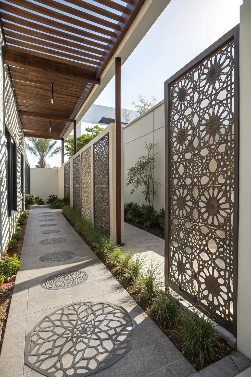 Metallic screens with precision-cut patterns extend privacy with a modern inflection.