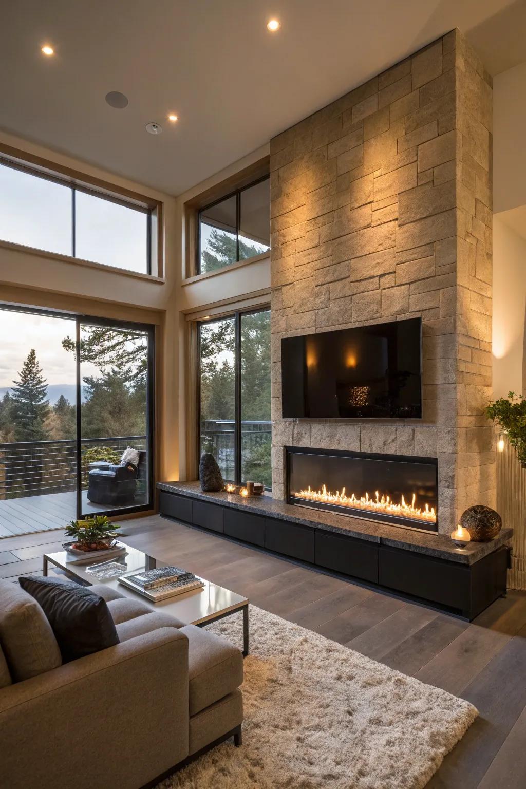 A modern living space showcasing a propane fireplace featuring concealed burners.