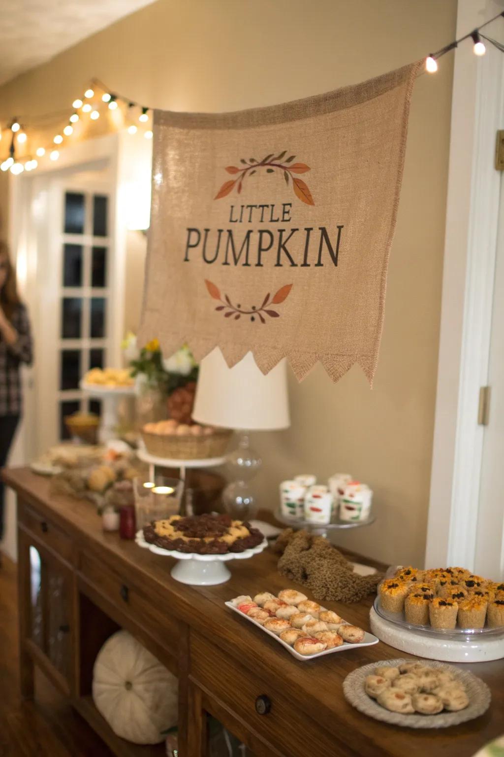 A countryside 'Little Pumpkin' banner over the dessert table.