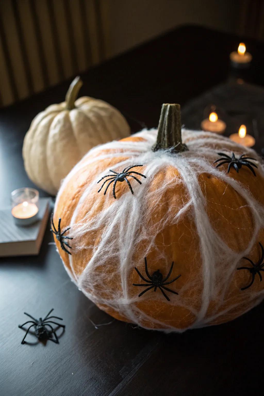 Spider strand pumpkins embody a Halloween tradition.