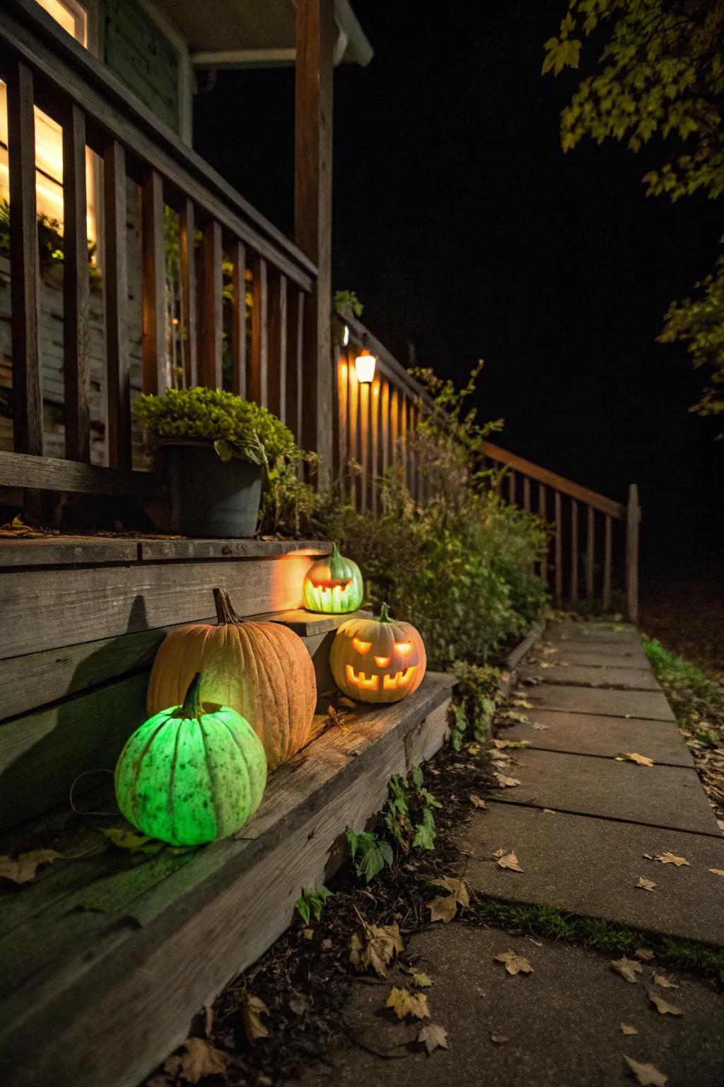 Pumpkins gleaming in the darkness, immaculate for Halloween.