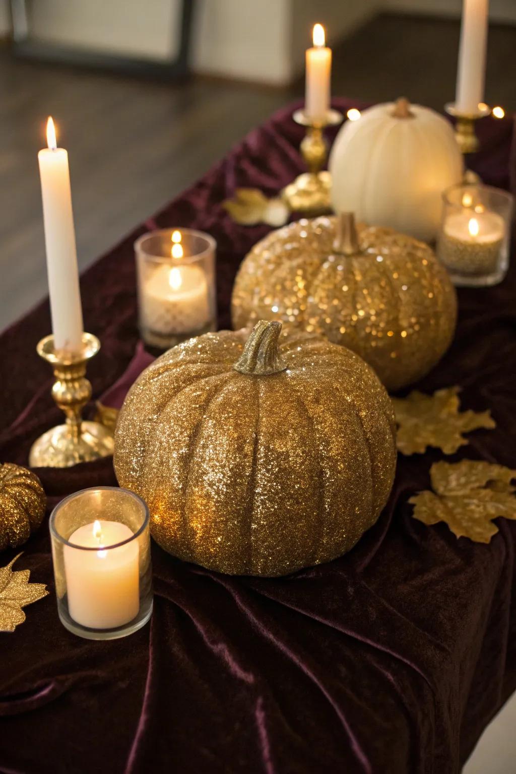Craft a dazzling scene with glamorous glitter pumpkins.