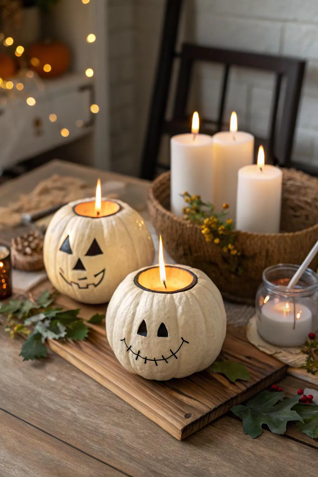 Squashes beautifully transformed into candle holders.