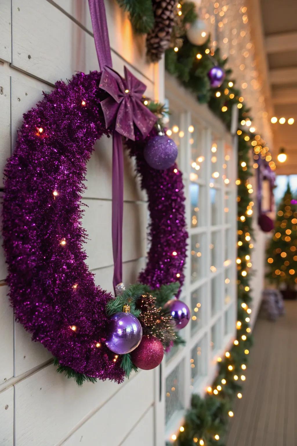 Purple glitter adds a magical sparkle to holiday decor.