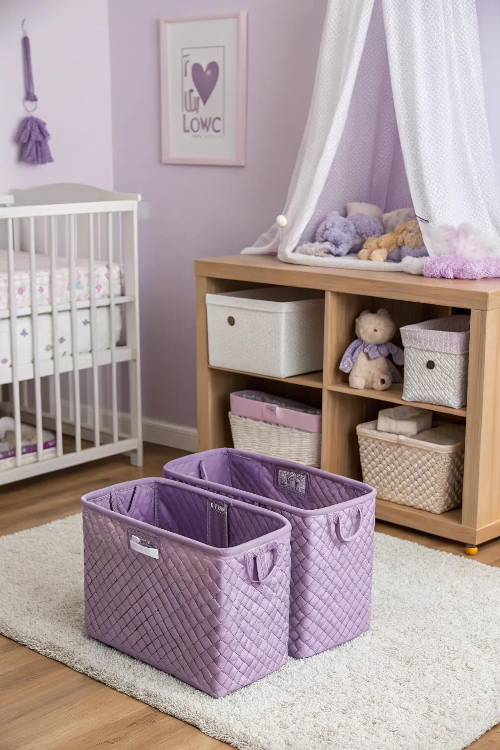 Coordinating storage solutions maintain organization in the nursery.
