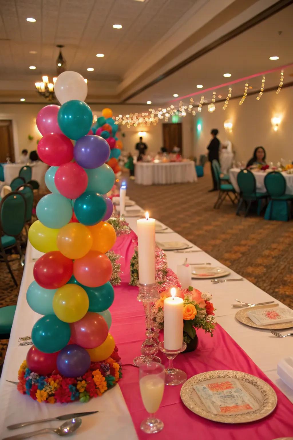 Balloon table runners contribute a fun detail to dining tables.