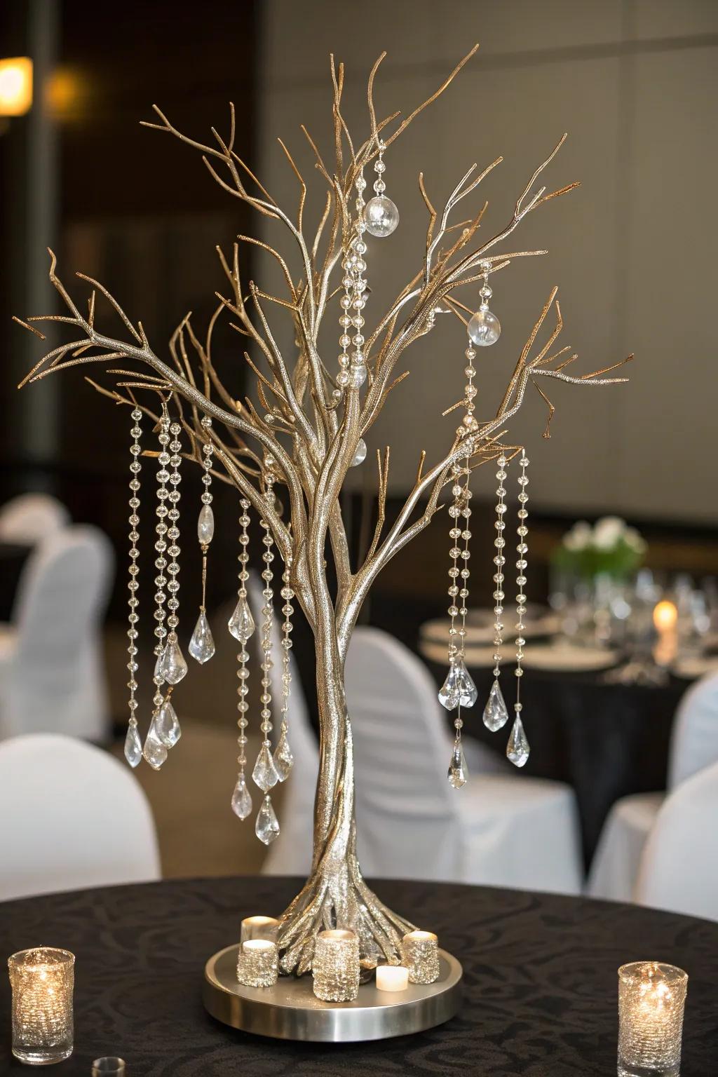Dangling crystals add a sparkling and glamorous touch.