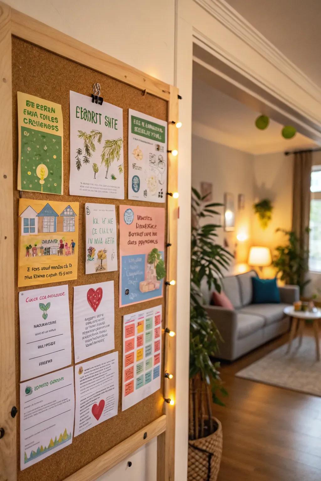 An eco-friendly pin board promoting sustainable living advice.