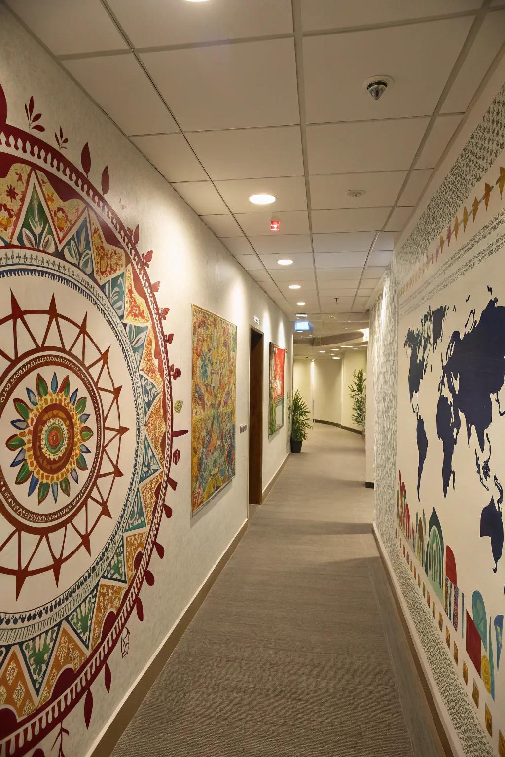 A corridor featuring cultural radial design artwork.