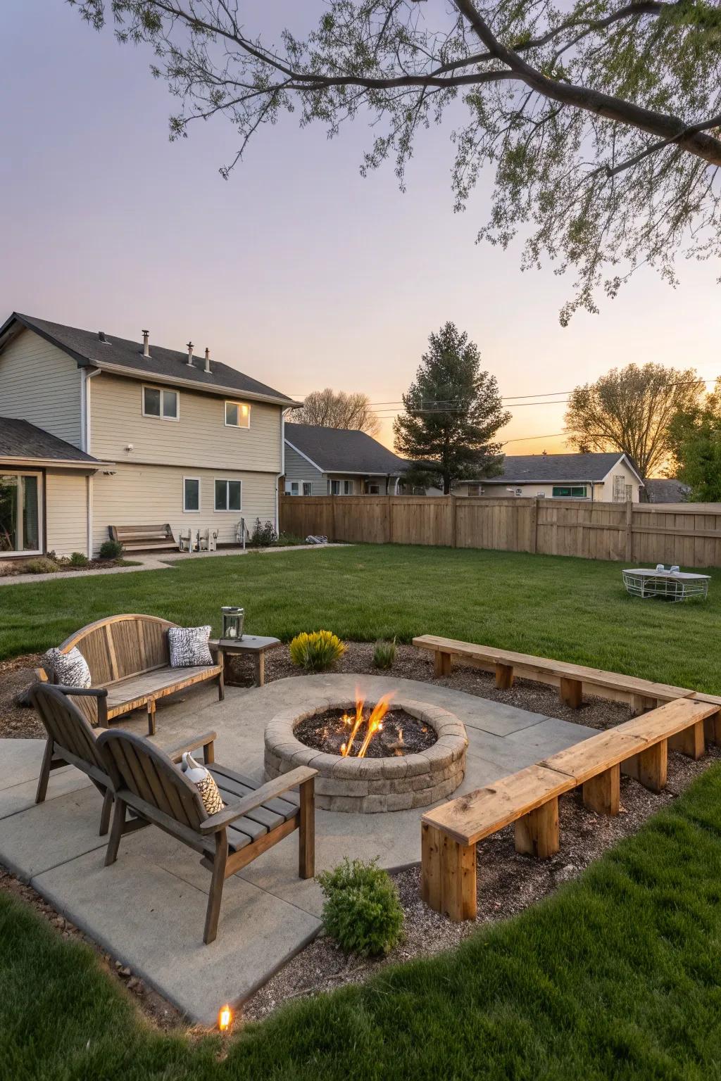 A snug fire pit in the backyard of a raised ranch, ideal for gatherings.