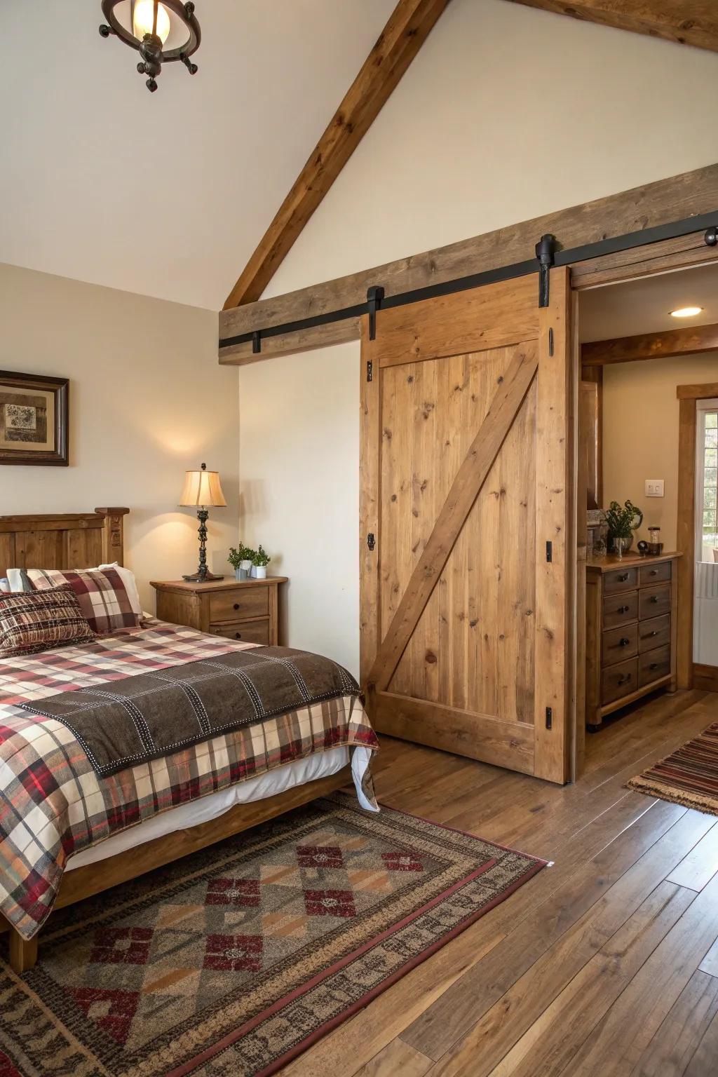 A bedroom showcasing a sliding stable door and countryside furnishings.