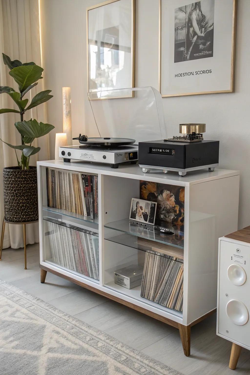 Acrylic features create a modern, floating effect for your records.