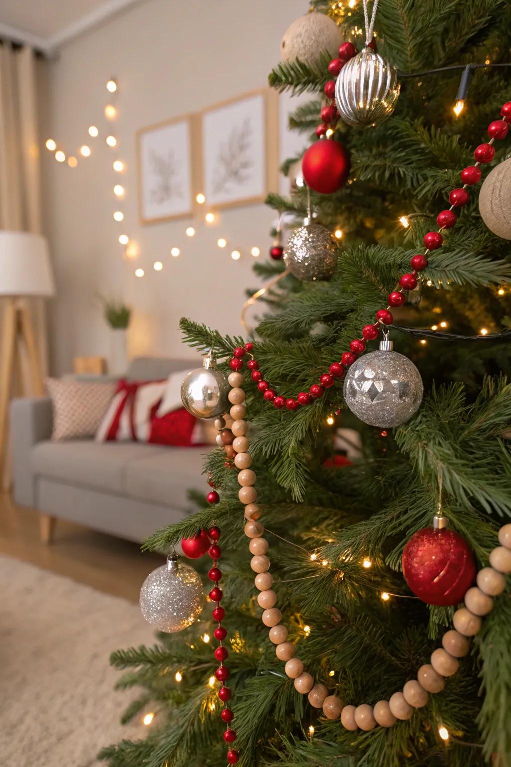 Wooden beads add texture and depth to your tree.