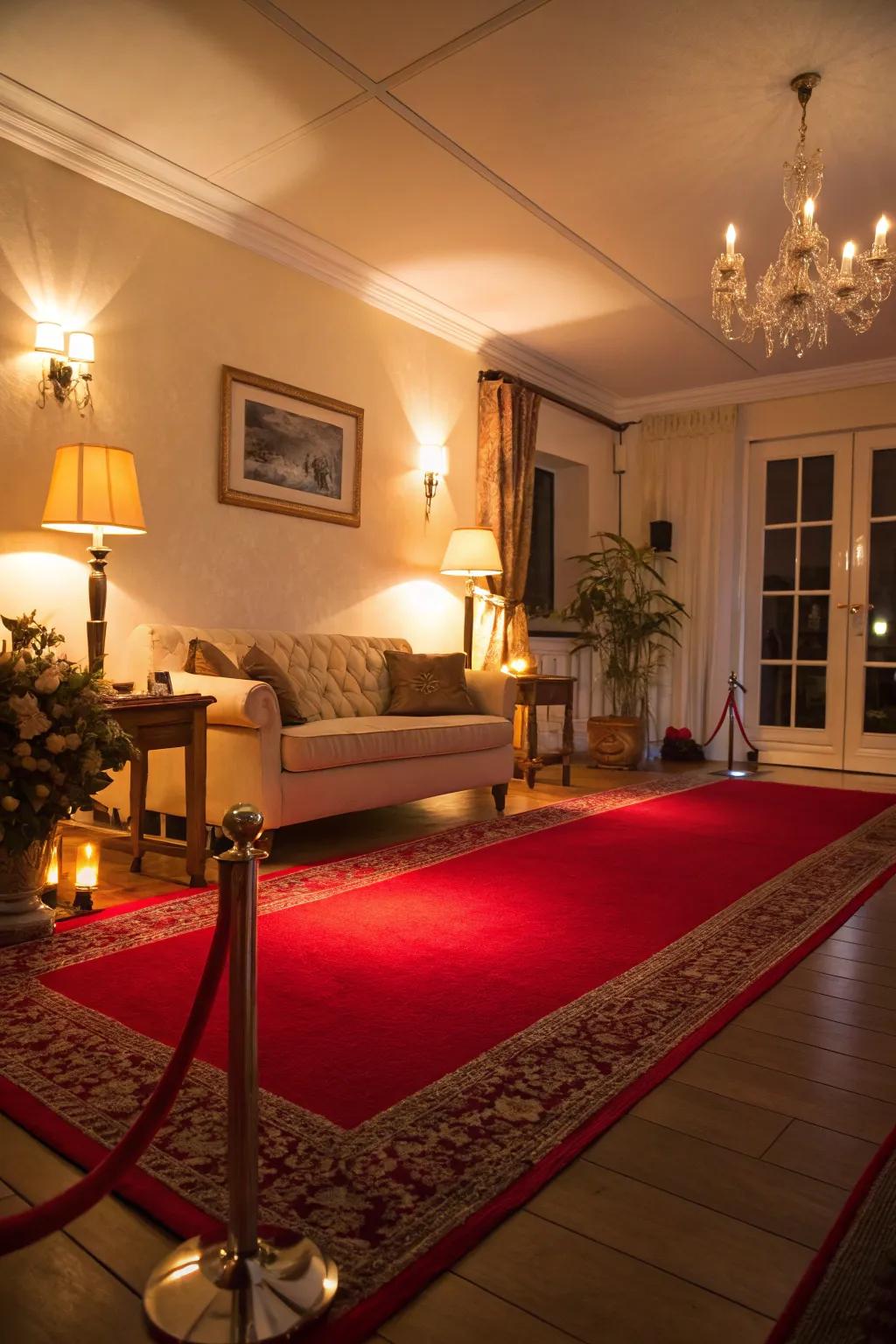 Warm lighting enhances the richness of this scarlet-floor-covered lounge.
