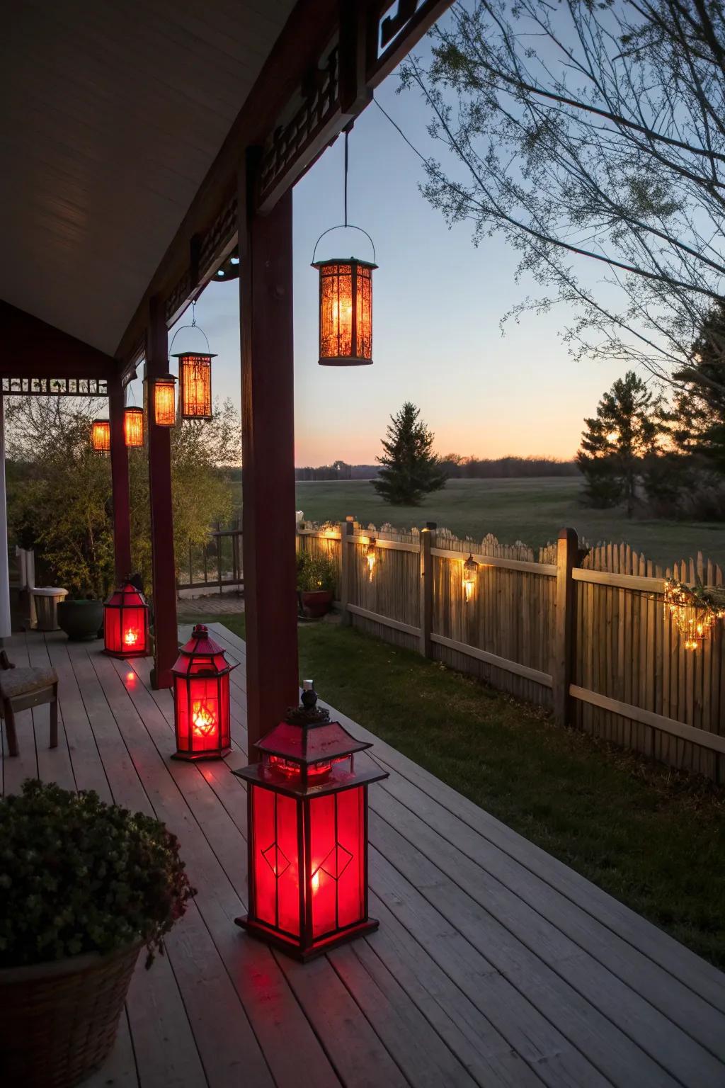 Rustic crimson lamps establishing a warm exterior ambiance.