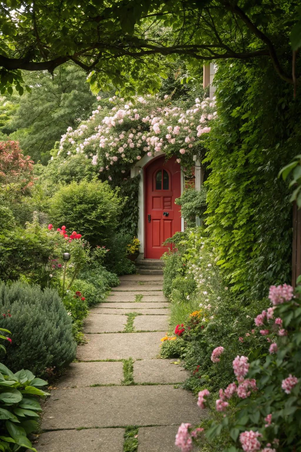 Magical garden path leading to a red door.