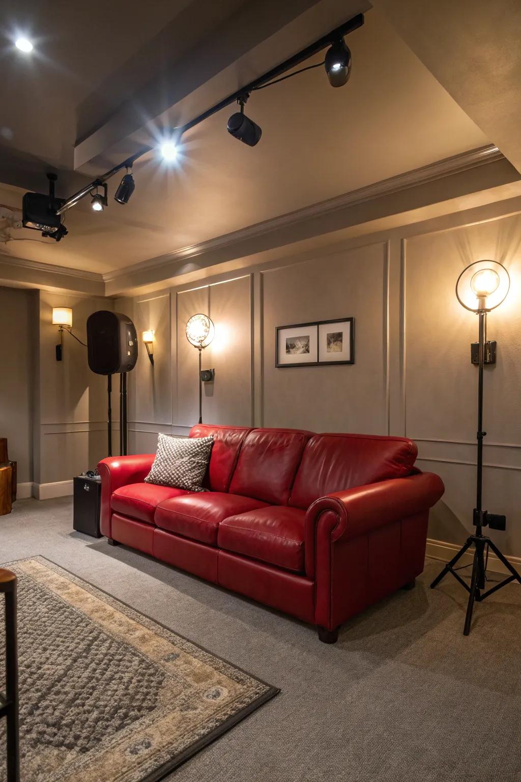 Illumination plays a crucial role in establishing the atmosphere and accentuating a scarlet hide settee.