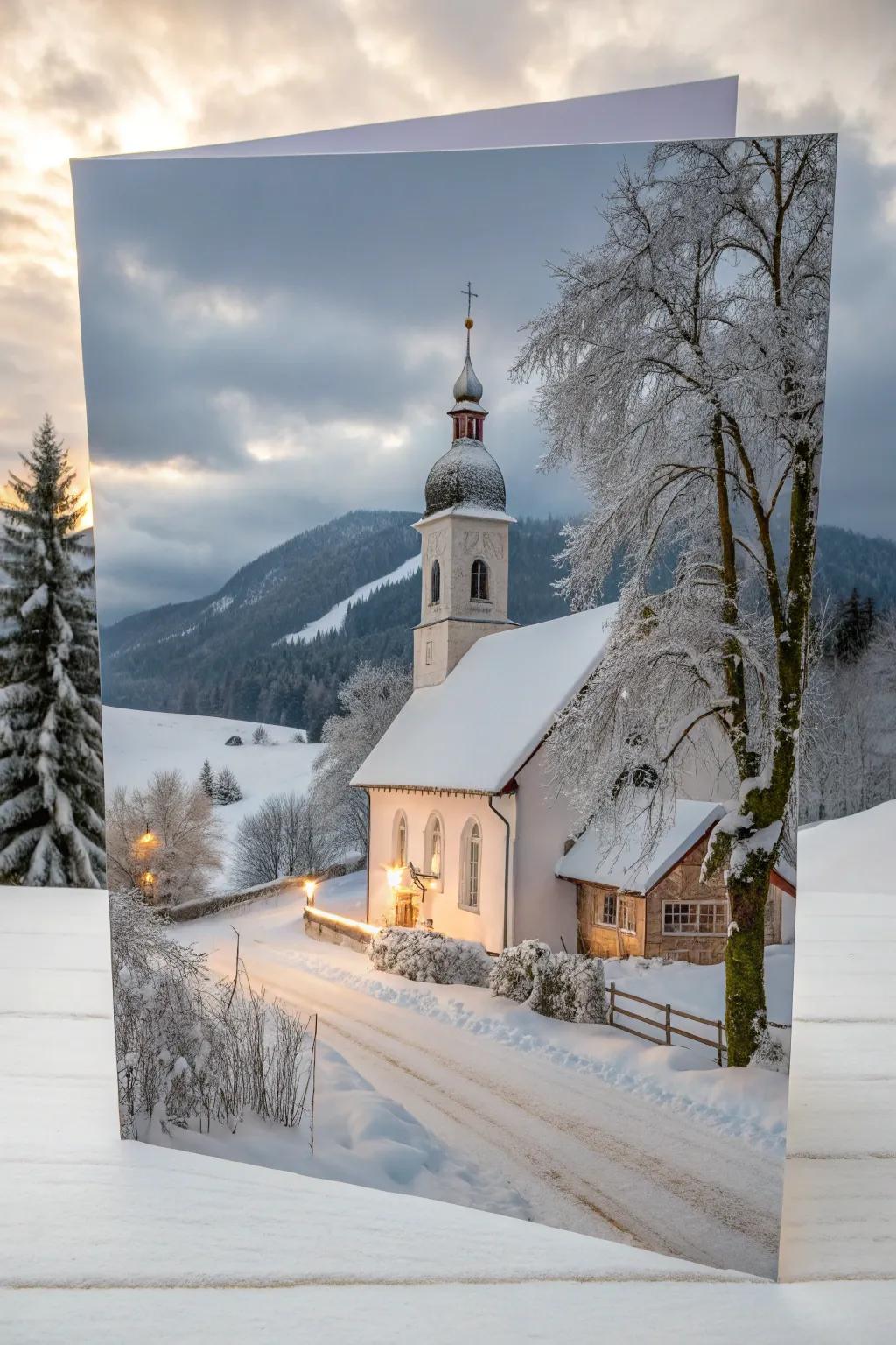 A tranquil winter chapel scene on a Christmas card.
