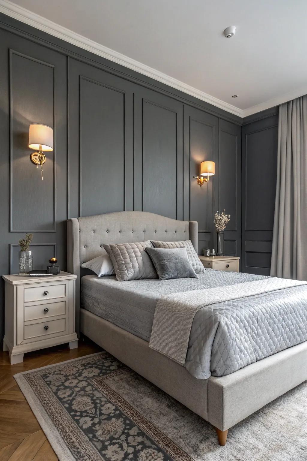 A highlight wall adds a dynamic element to a repose gray bedroom.