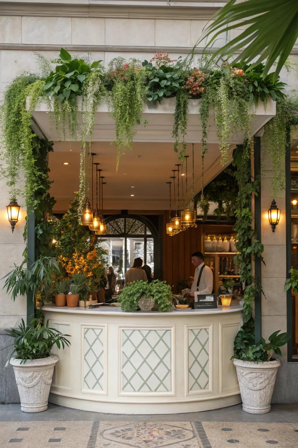 Greenery can transform your reception station into a refreshing retreat.