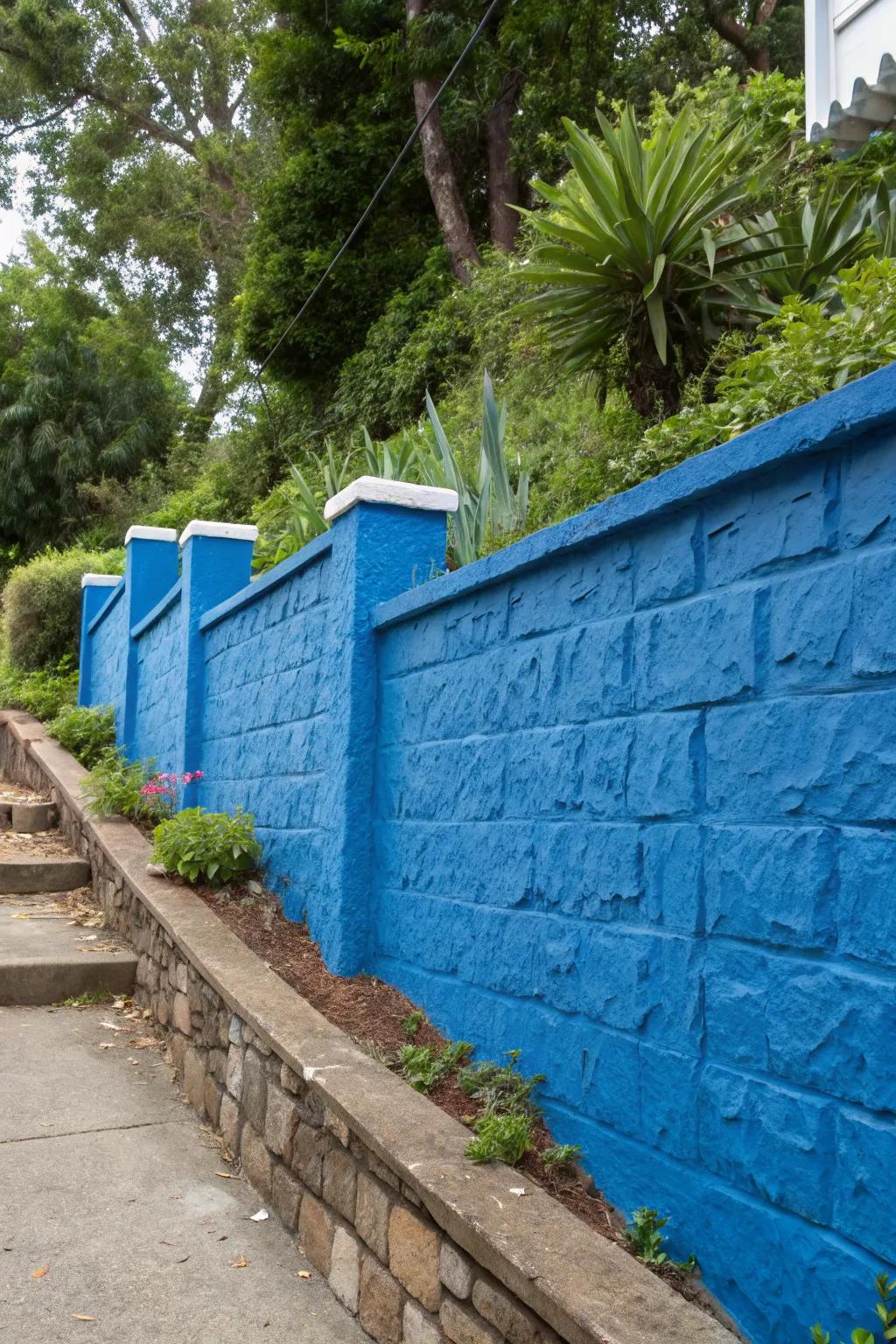 Transform your outdoor area with a striking blue retaining structure that combines artistry with artistic flair.