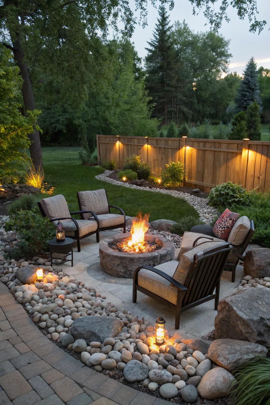 Design an inviting fire pit area with pebbles.