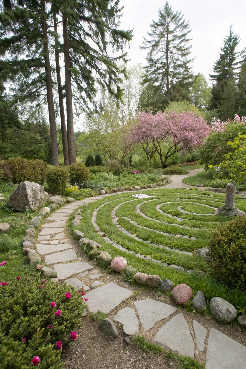 A stone maze appends enigma and intrigue to exterior spaces.