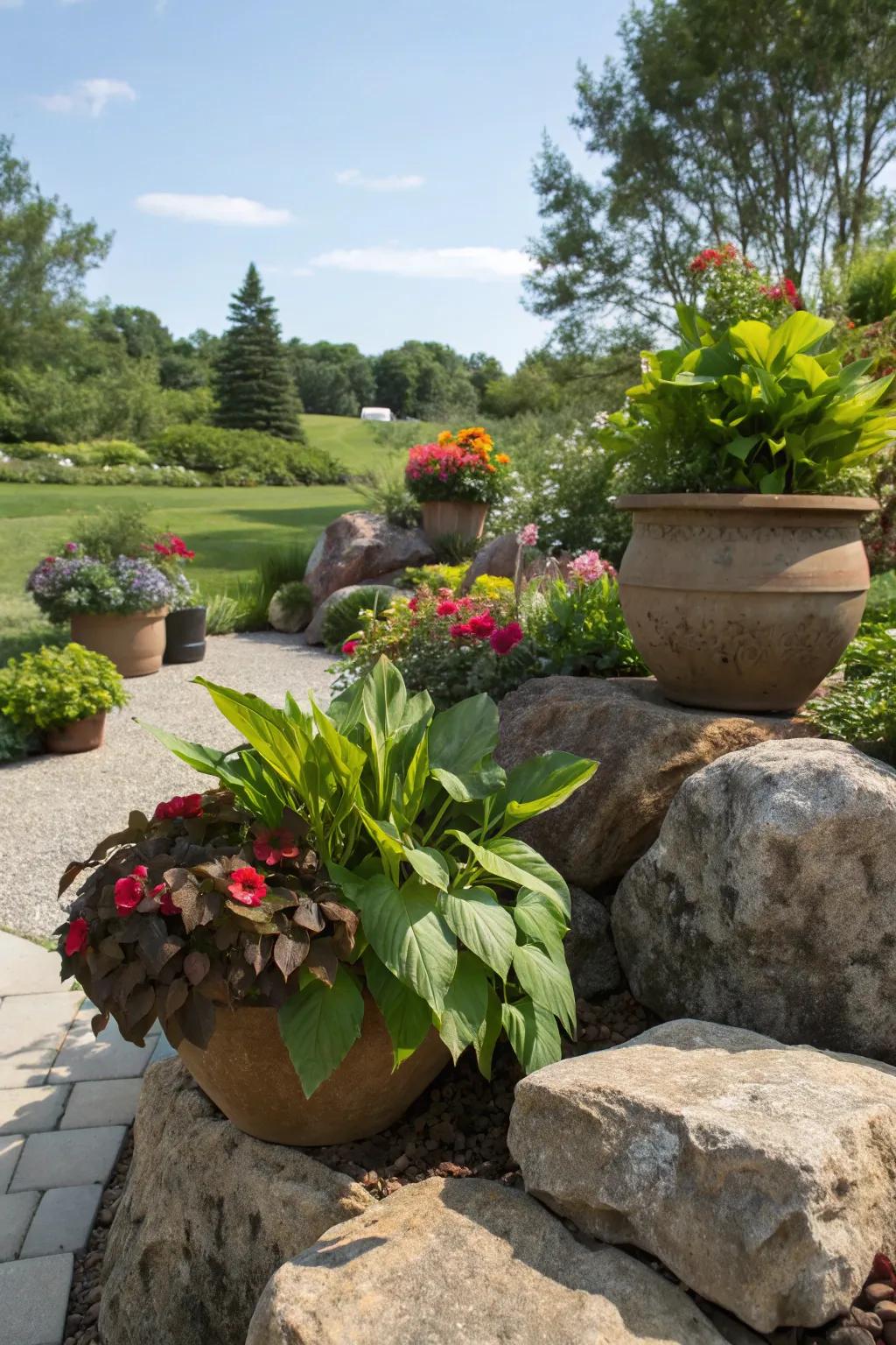 Potted plants arranged artistically on large garden stones for added height.