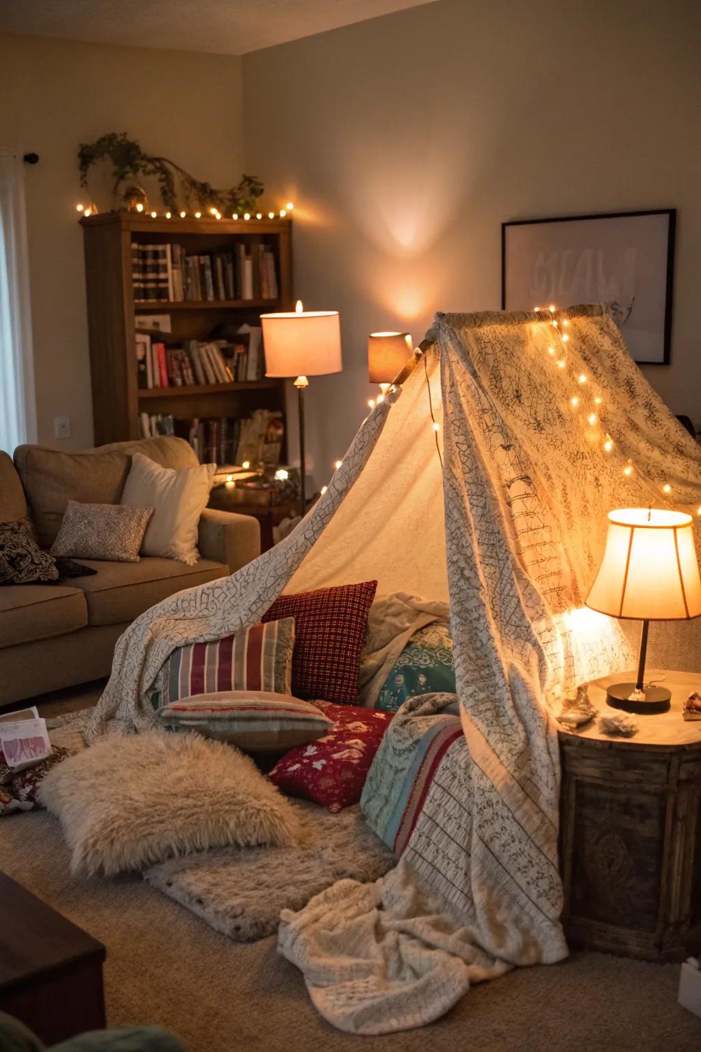 A fabric stronghold offers a whimsical and cozy escape.