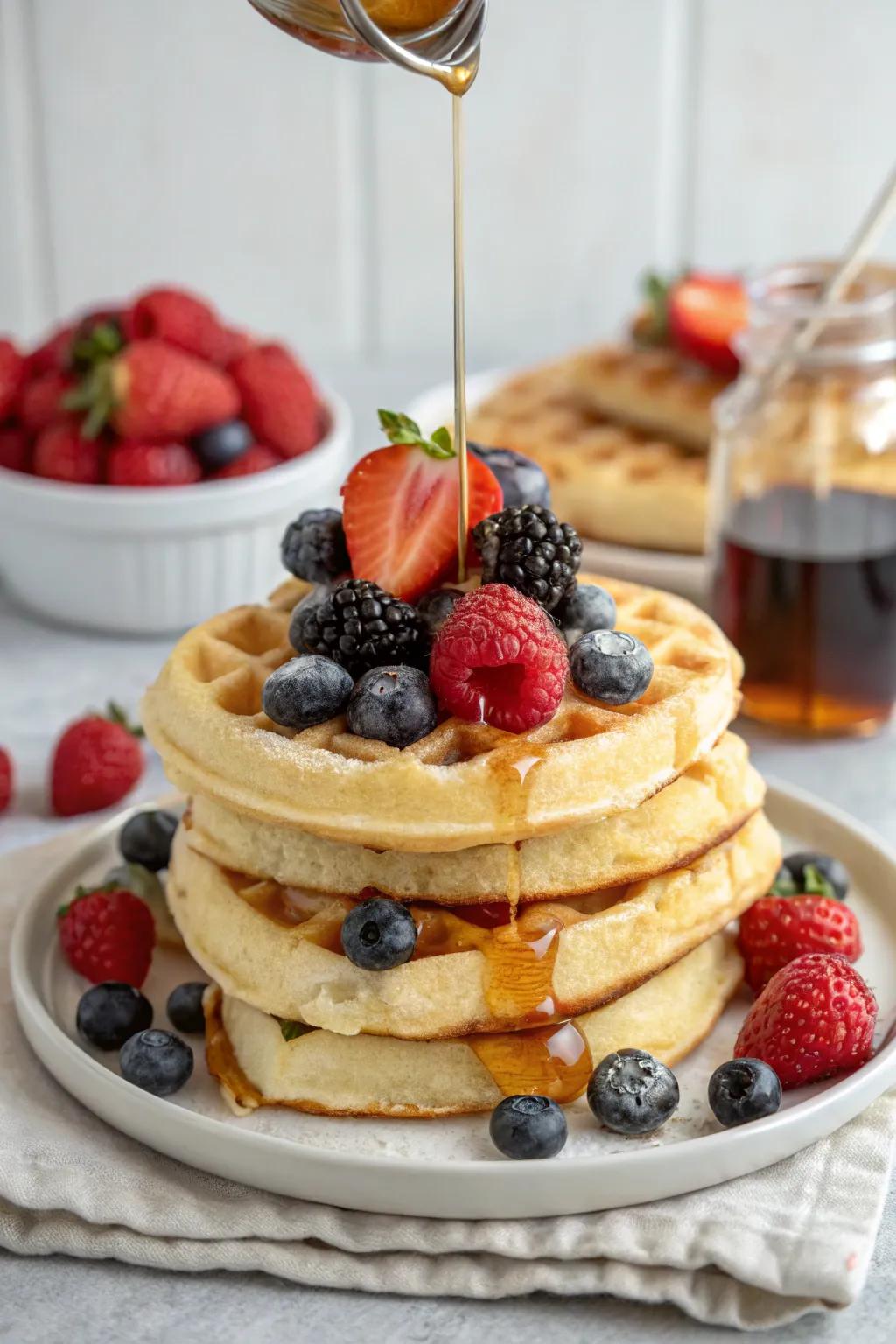 Airy waffles with fruits add sweetness to your morning.