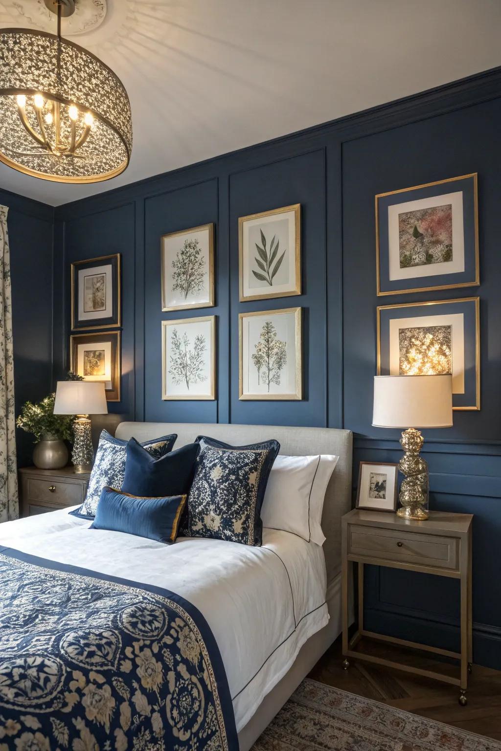 Wall art includes a personal and visual touch to deep blue decor.
