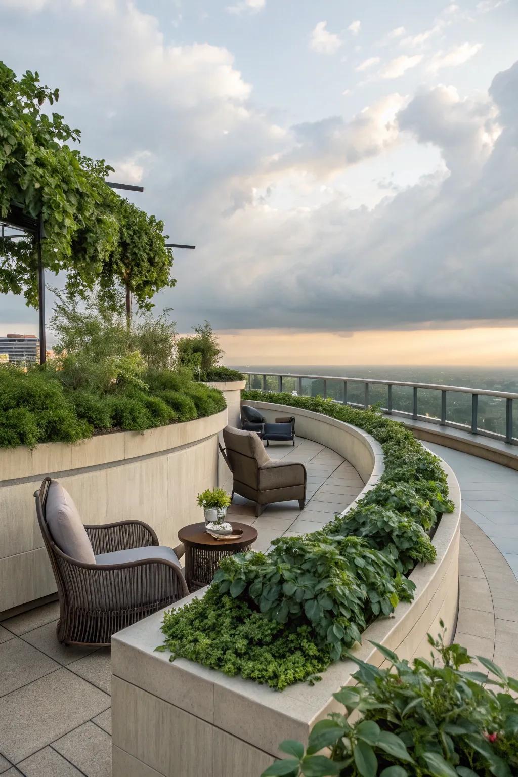 Bends add a gentle and inviting sensation to the rooftop layout.