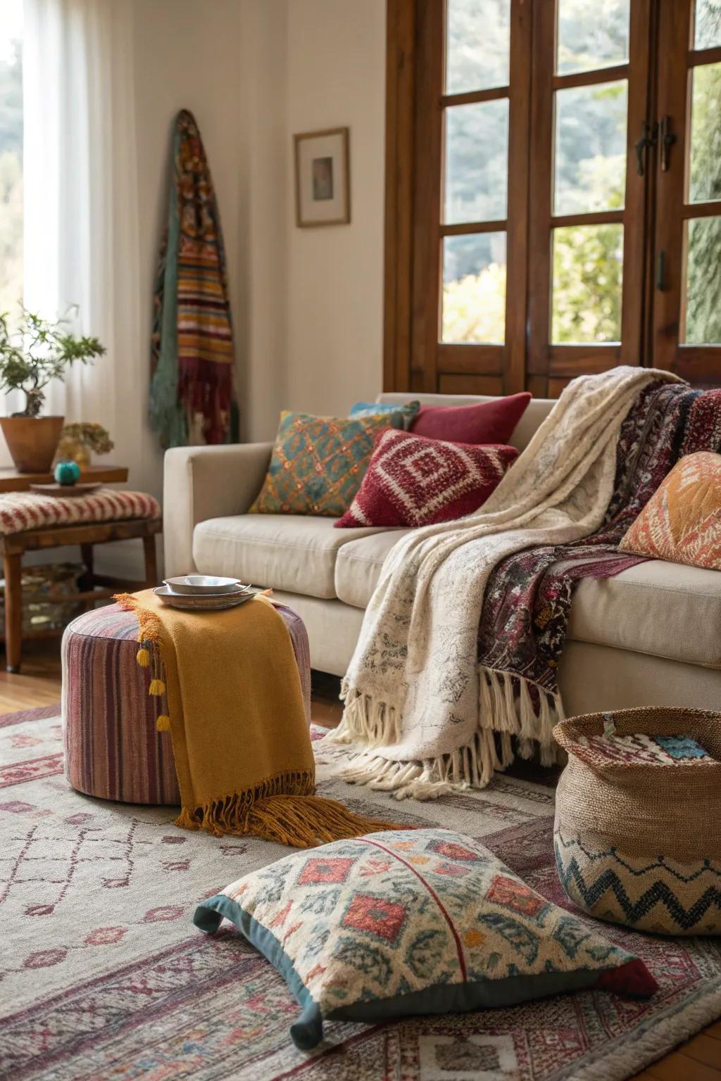 A warm and inviting space featuring layered textiles.