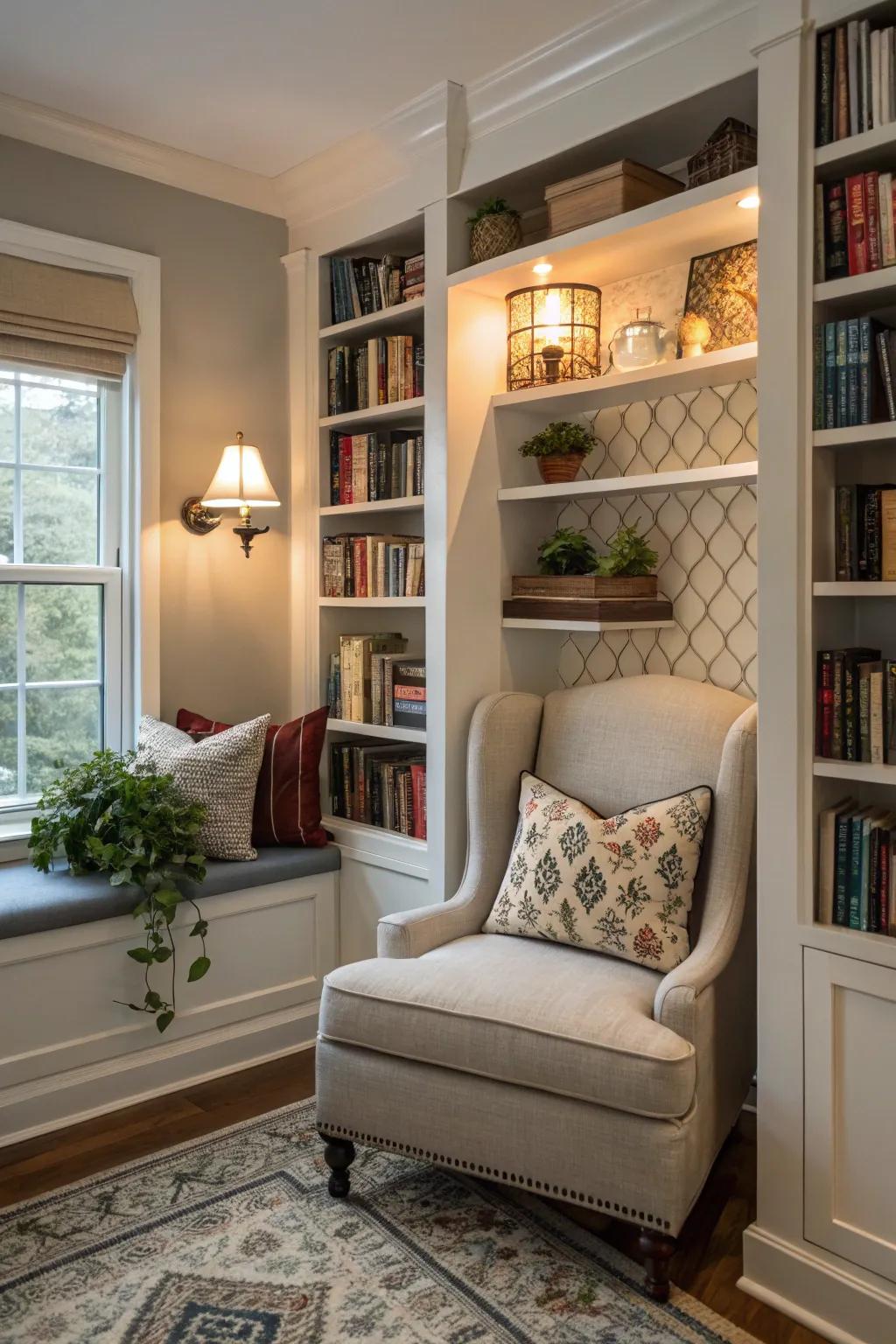 A reading nook beautifully blends relaxation and organization.