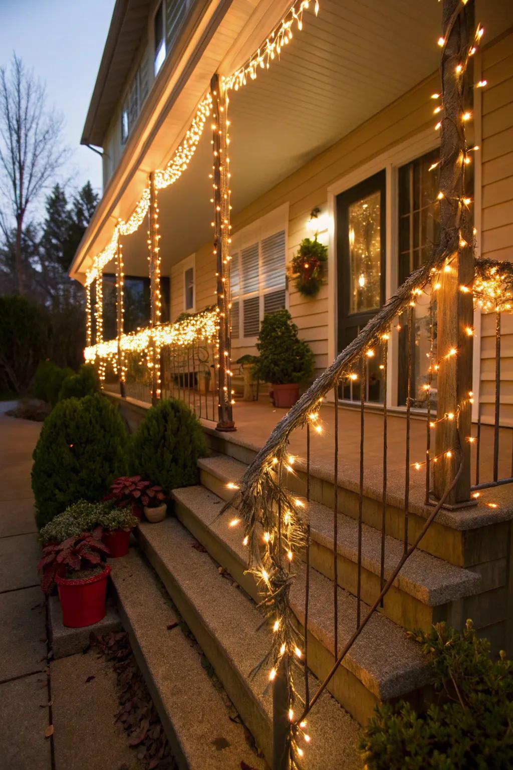 Design a festive front porch with holiday optical strands.